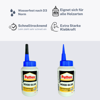 Preview: Pattex Holzleim 250g Tube, weißer wasserfester Holzkleber für Möbel und Reparaturen