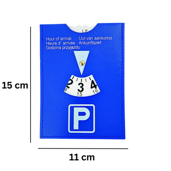 Preview: Parkscheibe Auto Parkuhr Leder 11x15 cm Blau 12/24 Stunden Mehrsprachig – Elegante Parkuhr fürs Auto