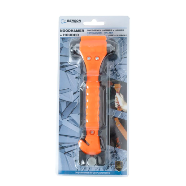 KFZ Notfallhammer orange – gut sichtbar mit Halterung zur Fahrzeugmontage.